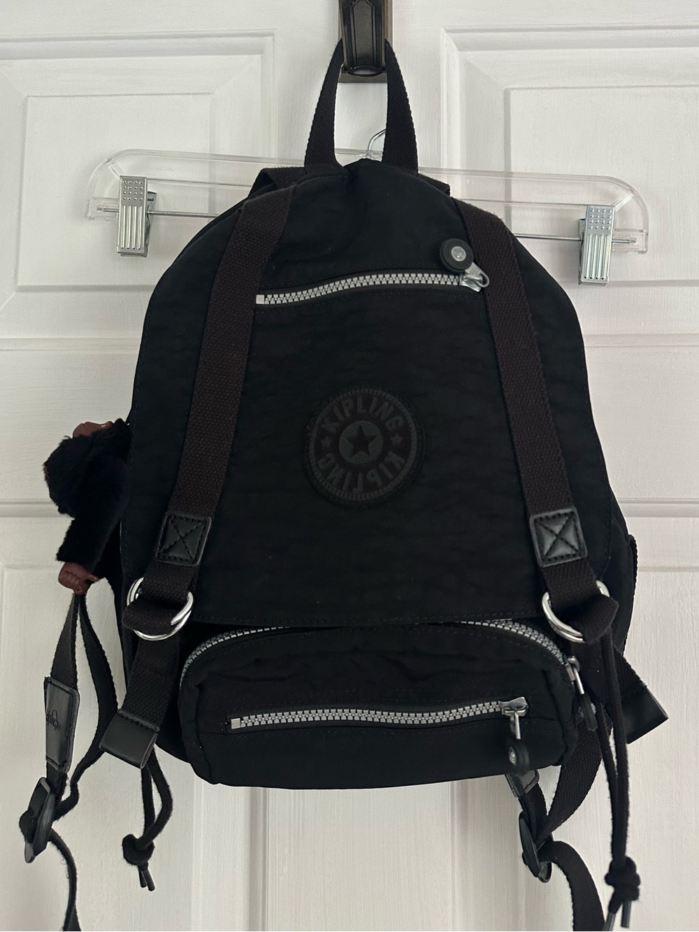 Kipling Black Nylon Mini Backpack with Silver Hardware